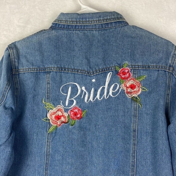 Davids Bridal Bride Jacket Womens Large Blue Embroidered Floral Denim Jacket - Picture 6 of 14
